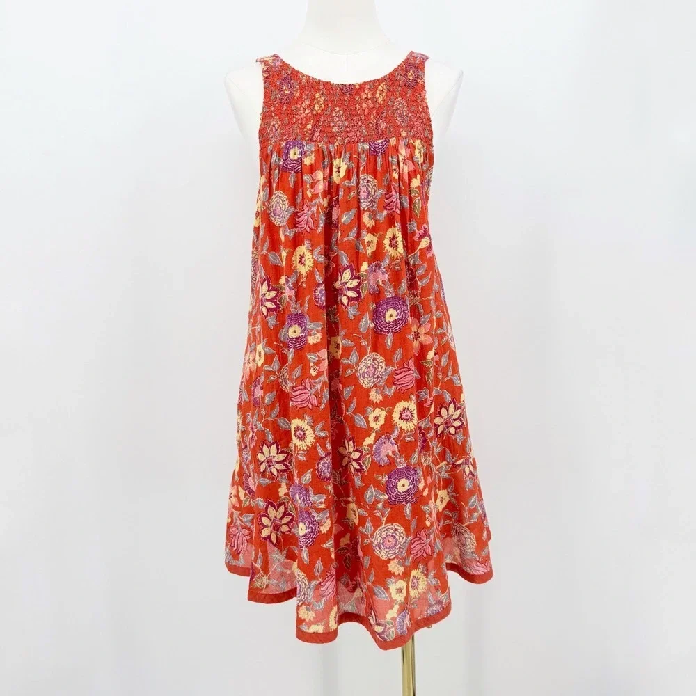 Free People Orange Floral Smocked Mini Dress Sleeveless V-Back XS Boho Fetival